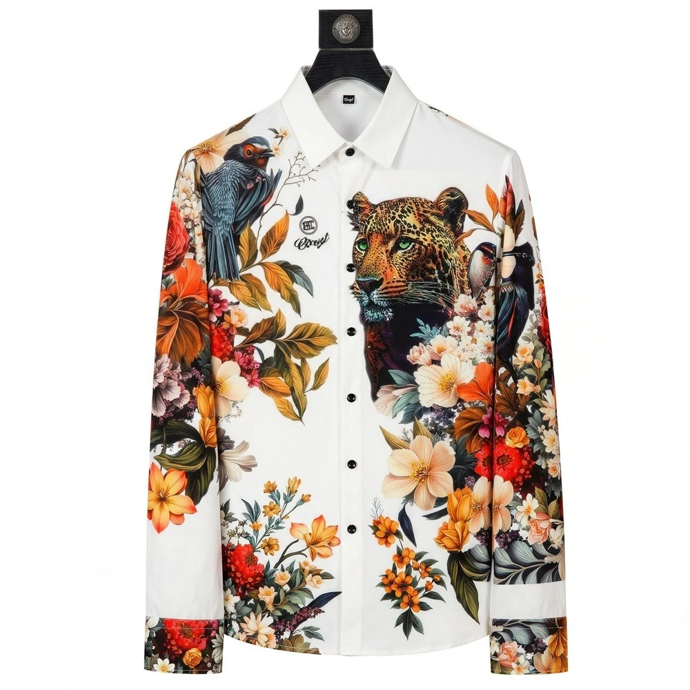 Luxury Leopard Rhinestone Shirt Men Fashion Long Sleeved Floral Shirts Casual Business Formal Dress Shirts Social Party Tops