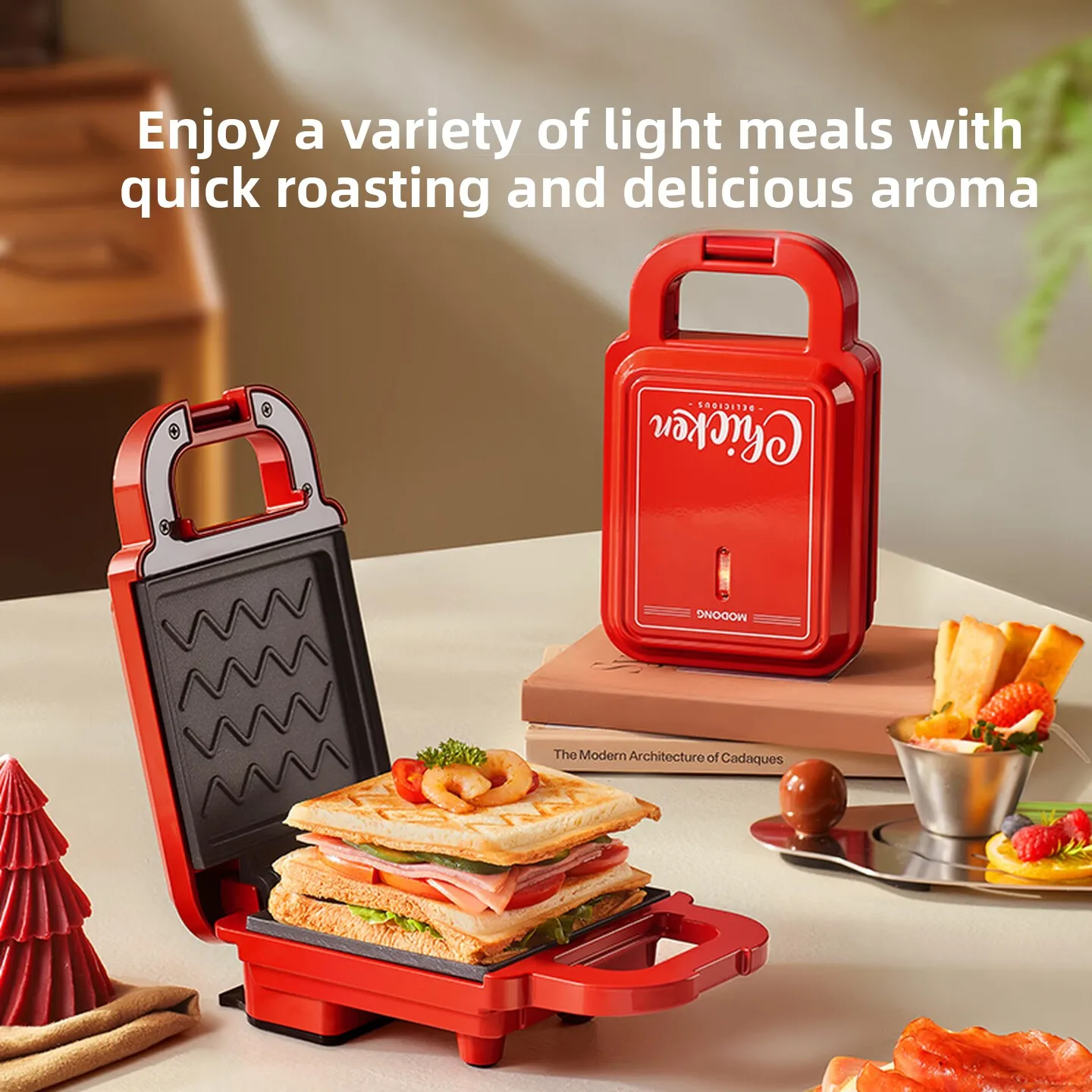 Red Sandwich Maker Thick Edge Seal Overflow Prevention Waffle Pancake Egg Breakfast Machine Electric Grill Home Use 샌드위치 메이커