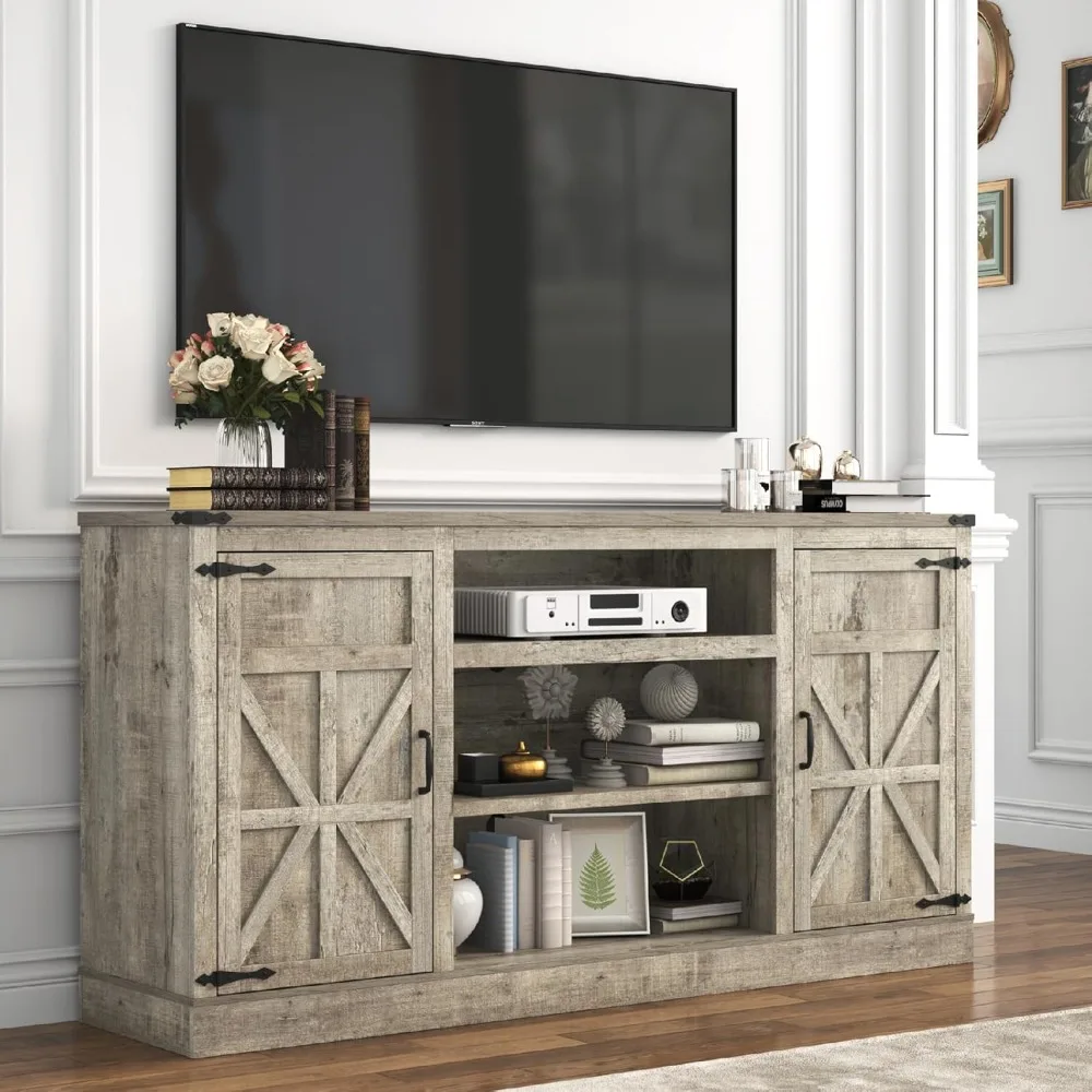 

66" Farmhouse TV Stand with Power Outlets for 75 Inch TVs, 33" Tall Entertainment Center with Storage Cabinets w/Adjustable Shel