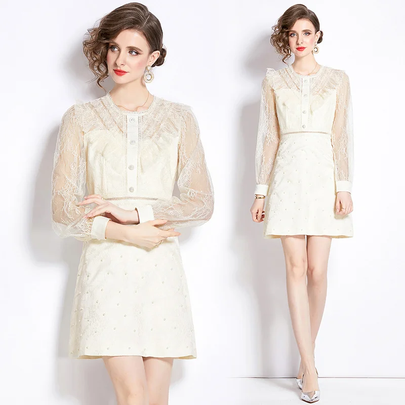 

Light Luxury High end Exquisite Dress Women's Summer Sweet Lace O-Neck Puff Sleeve Studded Beaded Slim Fit Short Dress