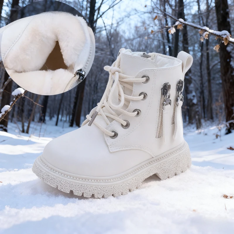 

Kids Leather Boots Autumn Winter Plush Warm Snow Boots for Boys Girls High Top Casual Shoes Waterproof Non-slip Baby Sneakers