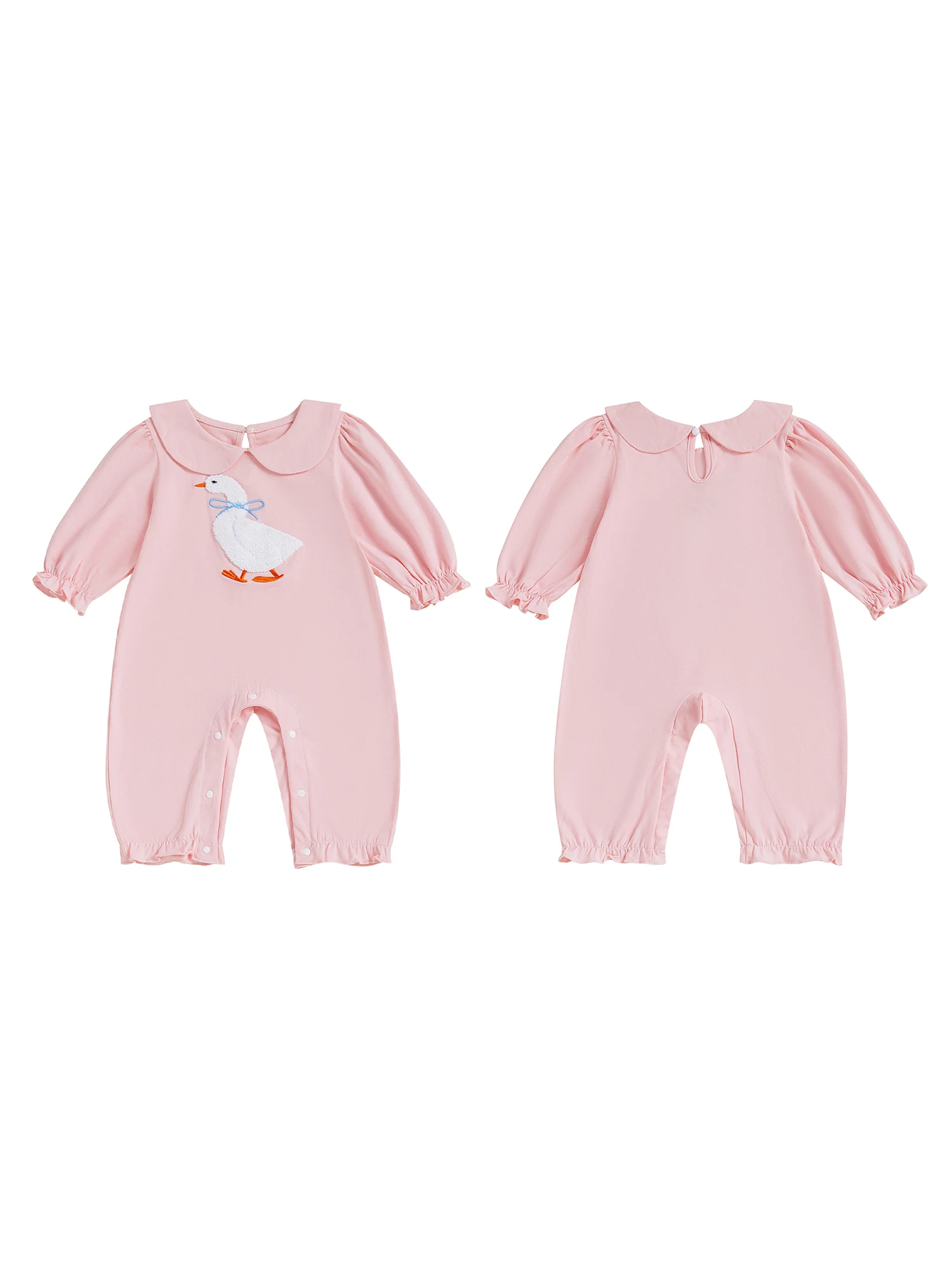 

Infant Girls Romper Adorable Long Sleeve Doll Collar Embroidered Goose Print Casual Jumpsuit Outfit for Babies