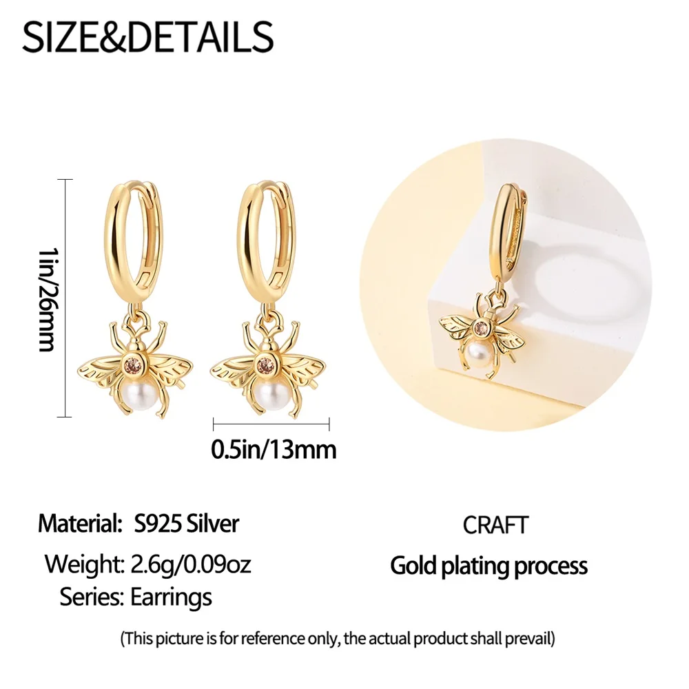 2024 New Elegant 925 Sterling Silver Gold Spread Wings Bee White Pearl Earrings For Women\'s Garden Play DIY Jewelry Accessories