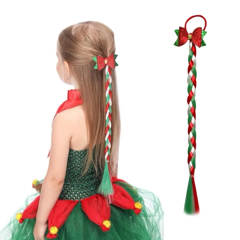 

16inch Crazy Hair Day Ponytail Extensions - Red White Green Colored Hair for Girls Kids, Festival Christmas Party Accessories