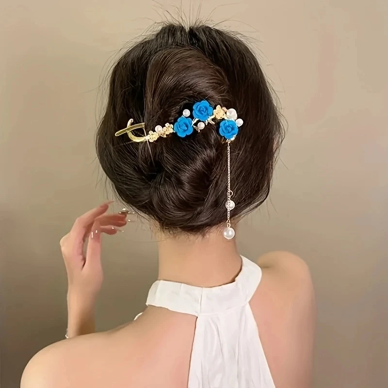 1PC zinc alloy imitation pearl hair ornament, red rose twist clip, high-end elegant headwear, suitable for daily casual wear,