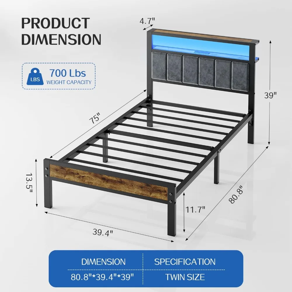 إطار سرير بمنصة مزدوجة الحجم منجد باللون الرمادي مع أضواء LED، وأرفف تخزين من طبقتين، ومحطة شحن، ونعل نوم خالٍ من الضوضاء