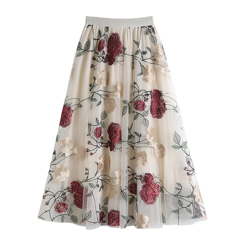 2025 New Spring Autumn Women High Waist Slim Long Skirt High Quality Elegant Flowers Embroidery Big Hem Mesh Tulle Skirt