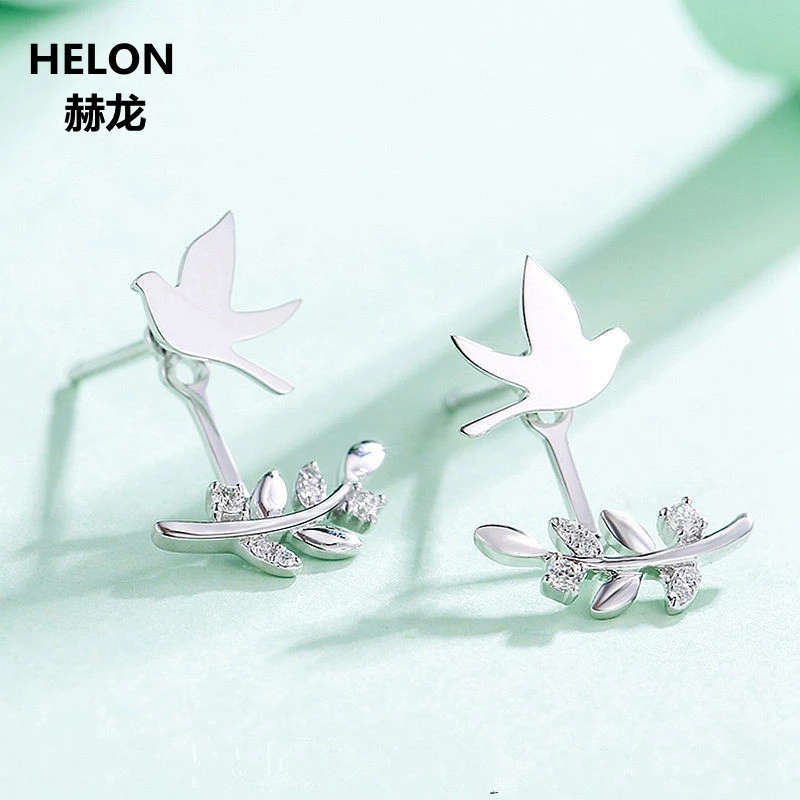 Solid 14k White Gold Natural Diamonds Stud Earrings Women Earrings Lucky Leaf Bird Fine Jewelry Gift