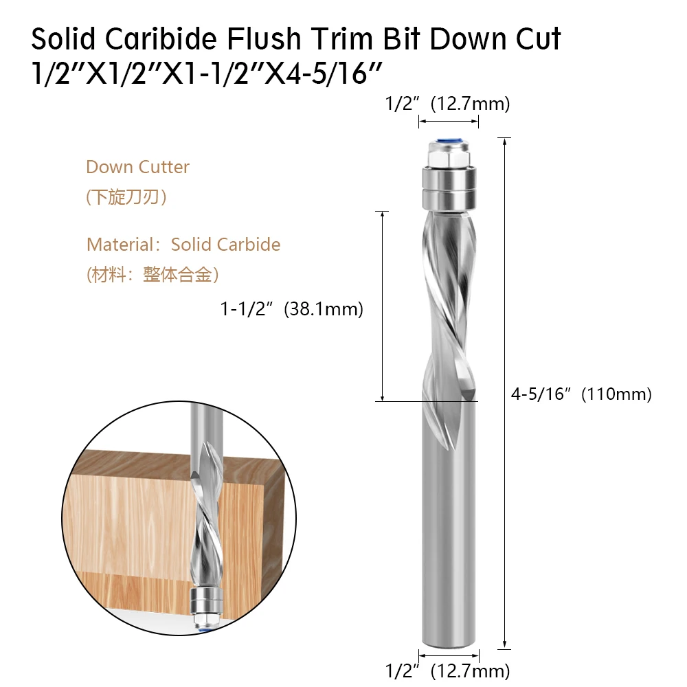 LAVIE 1PC 12.7mm Shank Flush Trim Solid Carbide Spiral top bearing CNC Router Bit Down-cut End mill bit face wood Milling Cutter