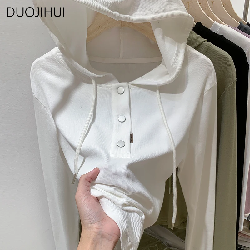 DUOJIHUI hoodie wanita, Hoodie dasar Korea warna Solid kasual sederhana dengan kancing mode baru musim dingin untuk perempuan