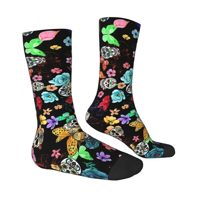 Kawaii Men's Sugar Skulls Flower Dress Socks Unisex Warm Comfortable 3D Print Day Of The Dead Crew Socks