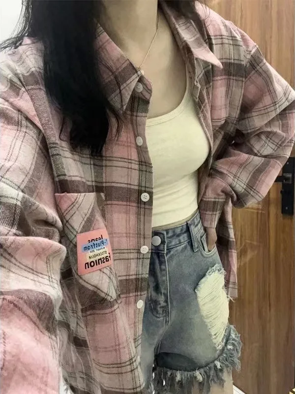 

American Retro Plaid Long Sve Women's irt Autumn Lazy Sle BF Design Sensation Hong Kong Flavor Chic Top irt