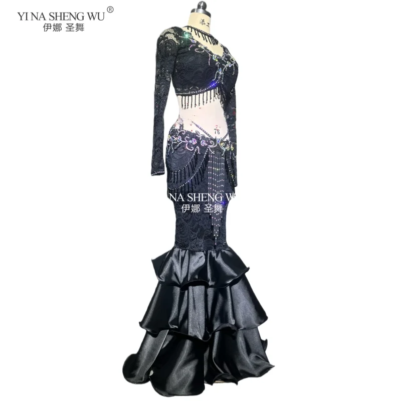 Luxury BellyDance Costume Sexy Lace Black Suit with Fishtail Long Skirt 2pcs Set Oriental Style for Belly Dancing Performance