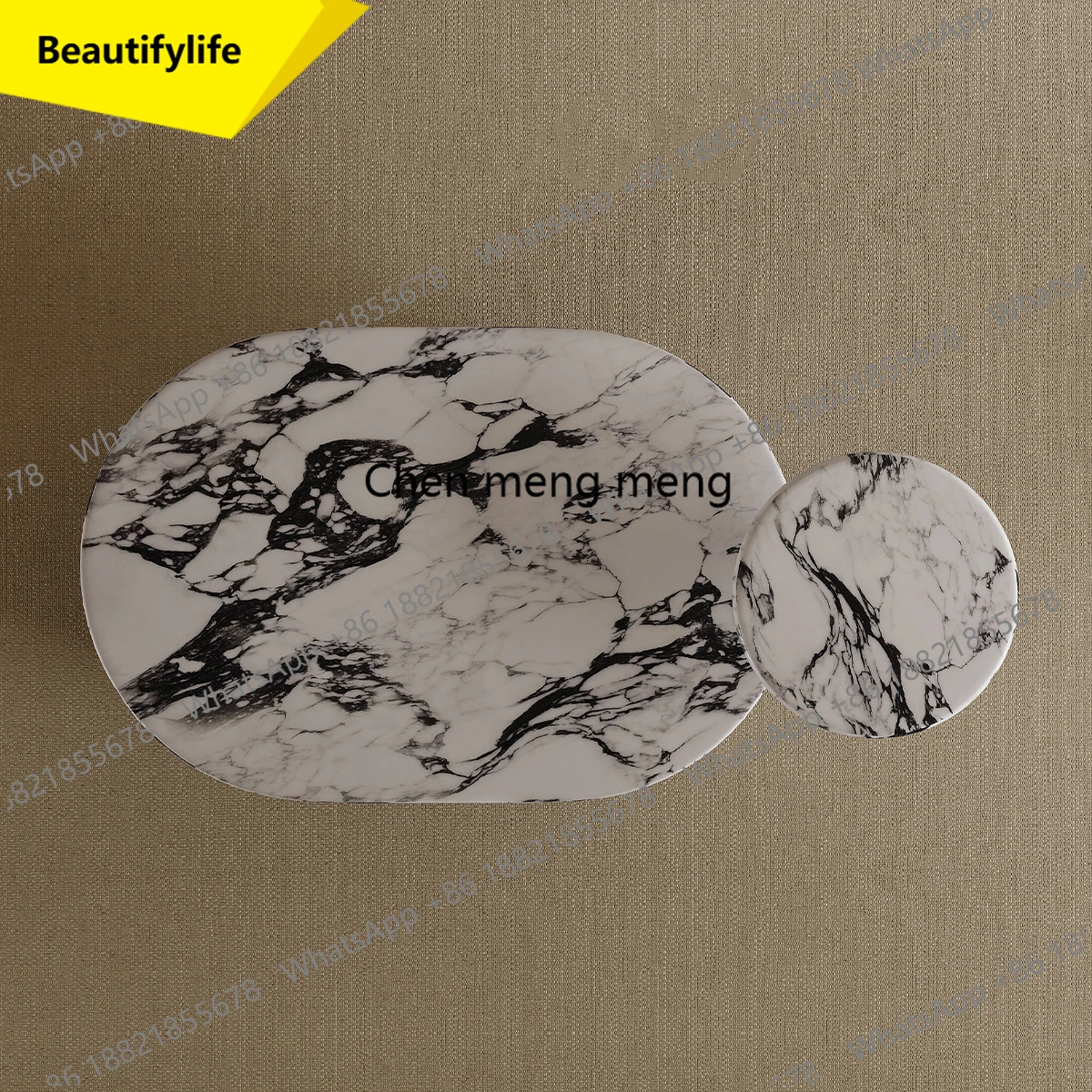 02M French Cream Marble Coffee Table, Round Vintage Luxury Designer End Table for Living Room, Modern Natural Stone Table​