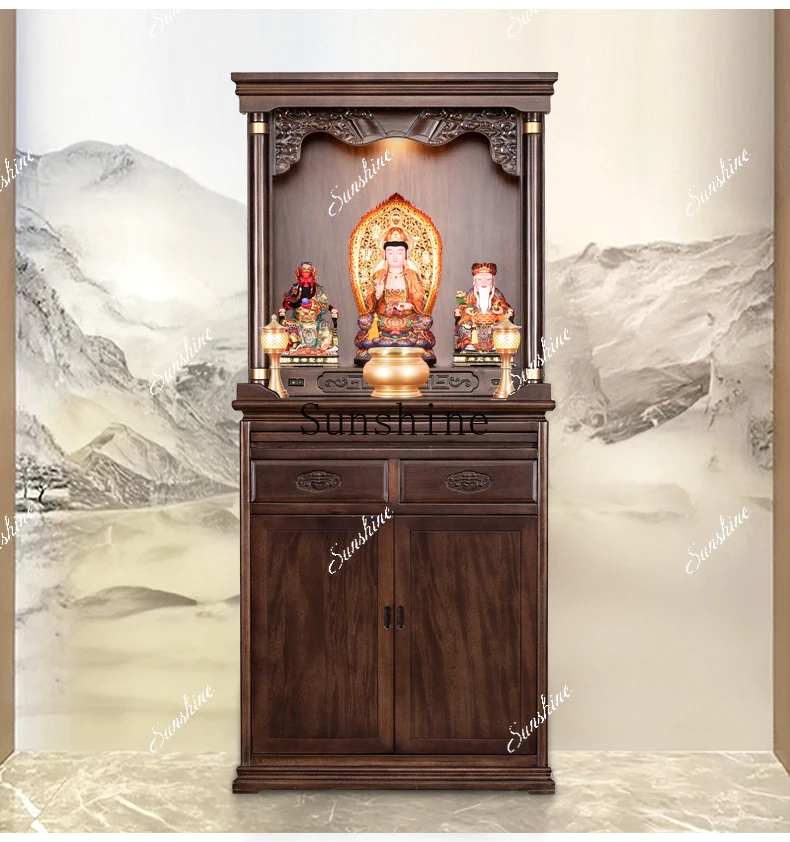 Solid wood Buddhist niche, new Chinese-style table against the wall, integrated Buddhist cabinet, God of Wealth cabinet FT