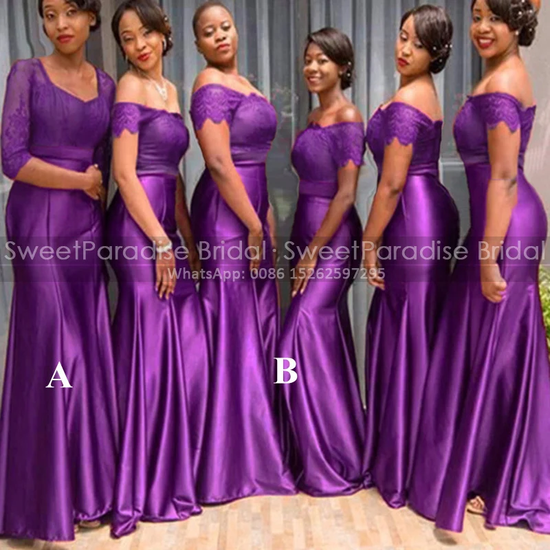 Vestidos de dama de honor de sirena de encaje morado con mangas cortas y hombros descubiertos vestido de fiesta largo de trompeta personalizado de talla grande para mujer