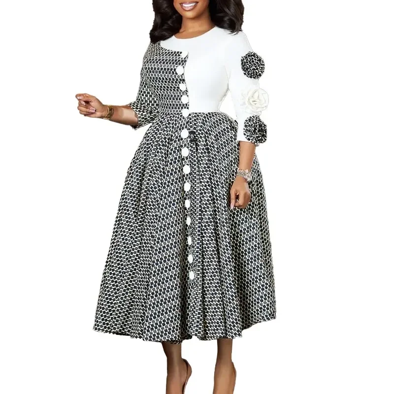 

Cross border new fashionable and elegant round neck seven quarter sleeve printed patchwork African dress 2026
