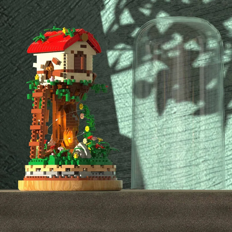 Casa sull'albero Micro Building Blocks diamante assemblato modello 3D fai da te foresta Mini mattoni figura giocattoli con espositore