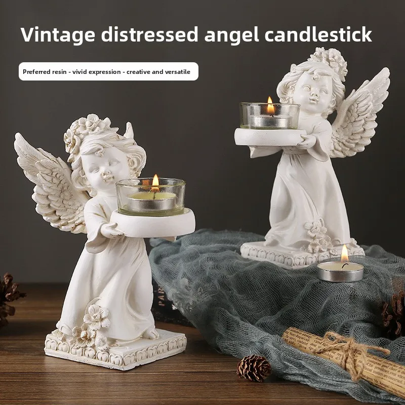 

European Vintage Angel Candle Holder Resin Desktop Decor Romantic Candlelight Dinner Atmosphere Craft Ornament