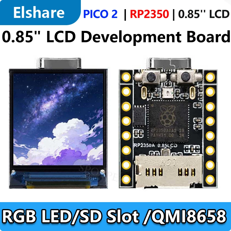 

Raspberry Pi Pico 2 RP2350 0,85-дюймовый ЖК-дисплей, мини-плата для разработки, 0,85-дюймовый экран, RGB-светодиод/QMI8658/слот SD/гироскоп Senso
