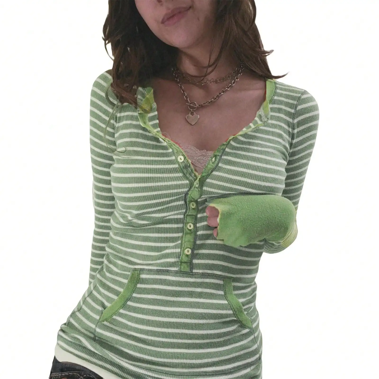 

Женский топ-хенли с длинными рукавами, зелено-белыми полосками, пуговицами спереди и карманом