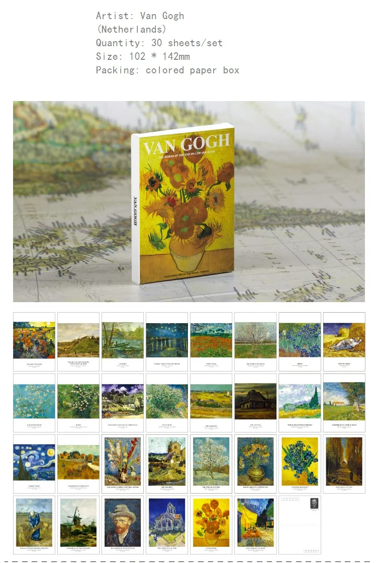 30 Blatt/Set Kunstmuseum-Serie Berühmte Künstler Englische Postkarten mit Umschlägen Kunstwerke Postkarten Werke von Matisse, Picasso, Van Gogh – Detail 4