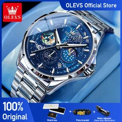 OELVS Men's Watches Chronograph Original Quartz Wristwatch Waterproof Luminous Stainless Steel Moon Phase 24 Hour Display Male