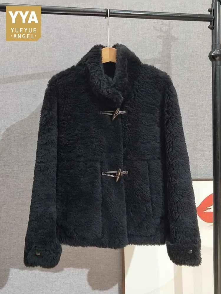 Cappotto da donna autunno inverno caldo lana cashmere sciolto casual capispalla in pura lana colletto alla coreana giacca corta con bottoni in corno di mucca soprabito