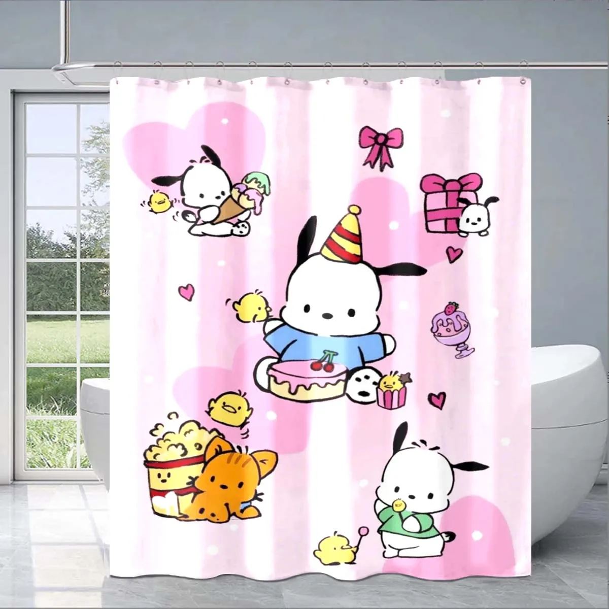 3D Printing Cartoon Cute Pochacco Shower Curtain Anime, Shower Curtain Boy and Girl Gift