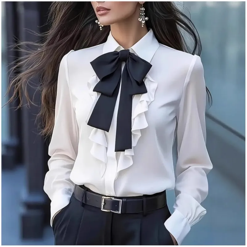 

Elegant Chic Shirt Women's Long Sleeve Lapel Bow Tie Solid Color Ruffled edge Commuting Blouse 2025 Casual Top for Office Ladies
