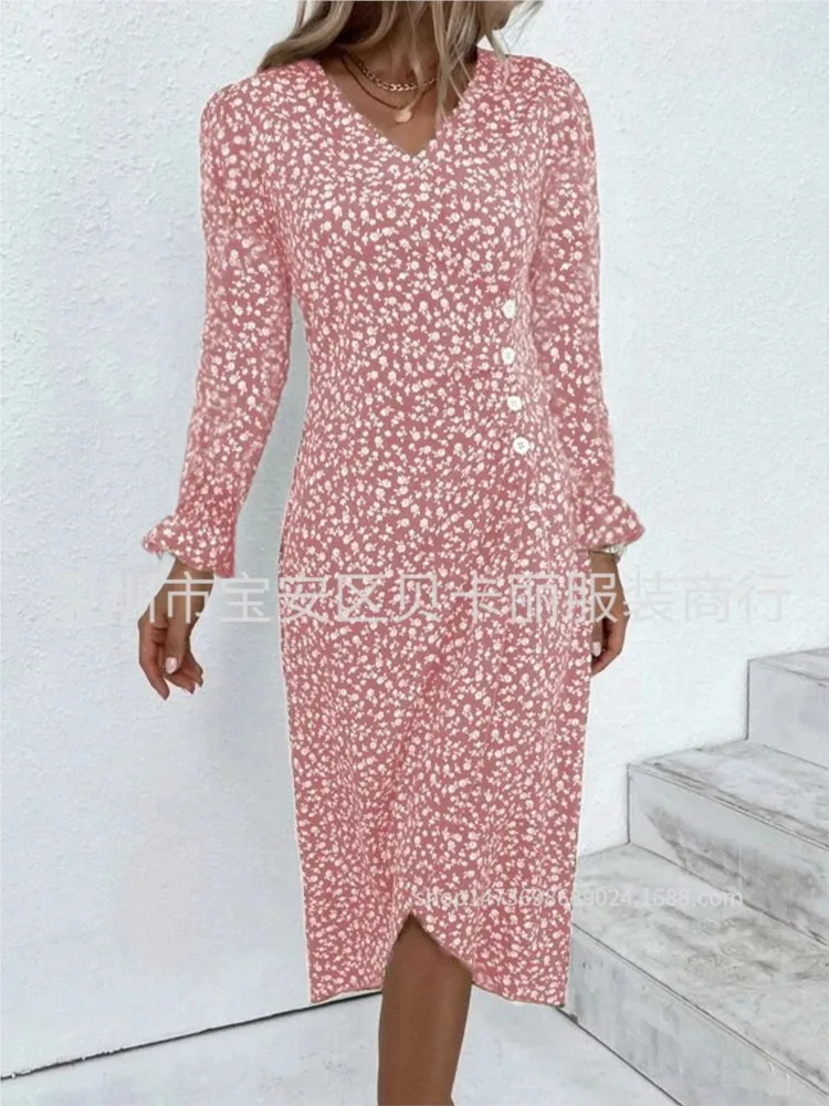 Abito con stampa Boho per donna Moda manica lunga con scollo a V Abiti pullover Lady Elegante ufficio per le vacanze Abbigliamento da donna Robe Femme