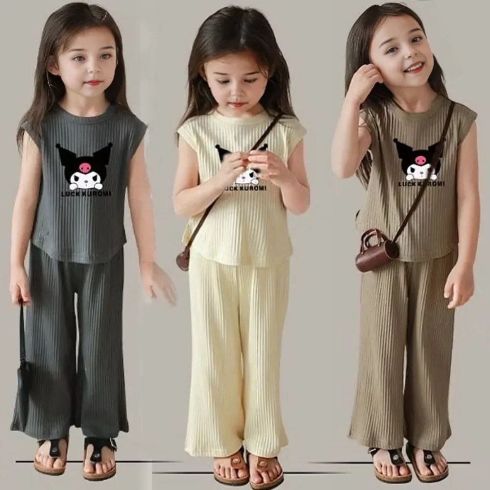 Completo Estivo 2026 Kuromi Anime Kawaii: Top Senza Maniche in Seta Ghiaccio e Pantaloni - Set Due Pezzi Carino Cartone Animato per Bambini, Regalo per Bambini