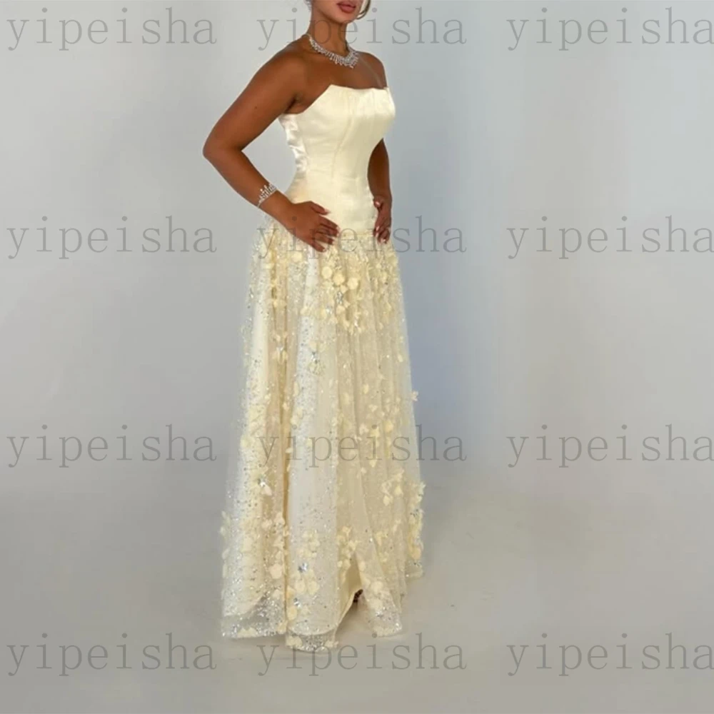 カスタマイズされたストラップレスイブニングドレス背中の開いた 3D 花レースアップリケスパンコール A ラインウエディングドレスドレープロング誕生日パーティードレス