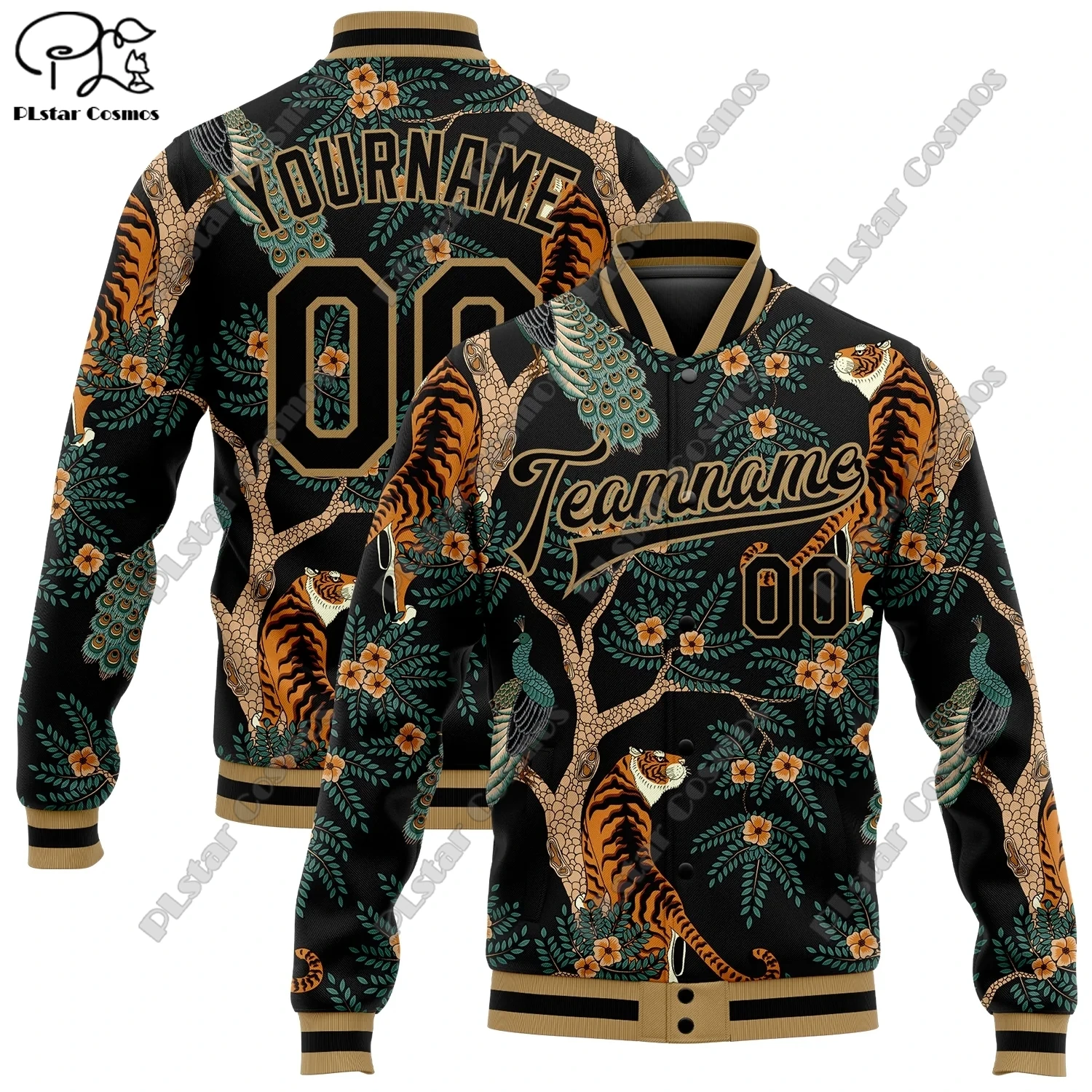 

Custom Hawaiian Palm Tree Tropical Tiger Peacock Giraffe Leopard 3D Pattern Design Bomber Full Snap Button Jackets Unisex