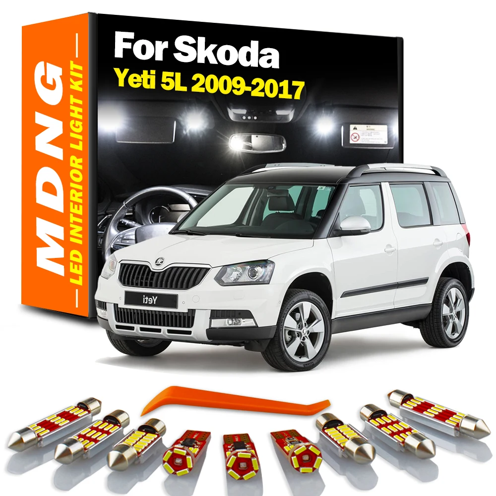 MDNG 13Pcs Car Bulbs LED Interior Dome Map Light Kit For Skoda Yeti 5L 2009 2010 2011-2014 2015 2016 2017 Trunk Footwell Lamp