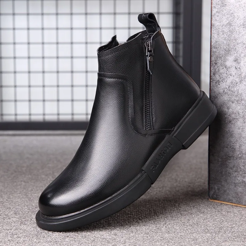 

Black Men's Ankle Boots Classic Business Casual Leather Boots for Men Zipper Chelsea Boots Plush Warm Winter Boot Botas Hombre