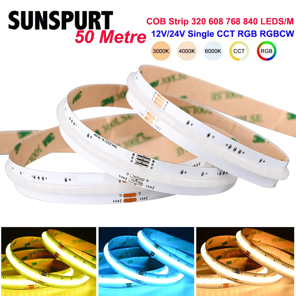 

5m-100m RGBW RGBCCT RGB COB LED Strip Light Bar 12V 24V Flexible High Bright Dotless Colorful Tape FOB LED for Indoor Room Decor