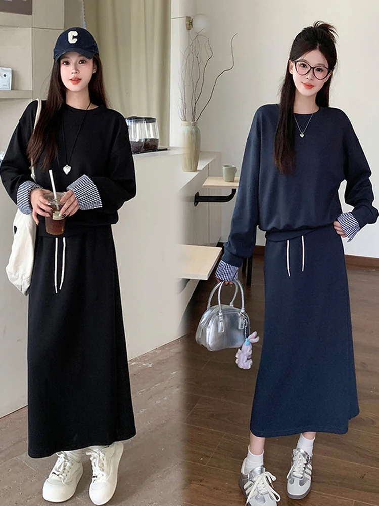 

Women's New Sports Suit Fashion O-neck Spliced Long-sleeve Sports Sweatshirt Top Elastic-waist Lace-up Midi Skirt Two Piece Set