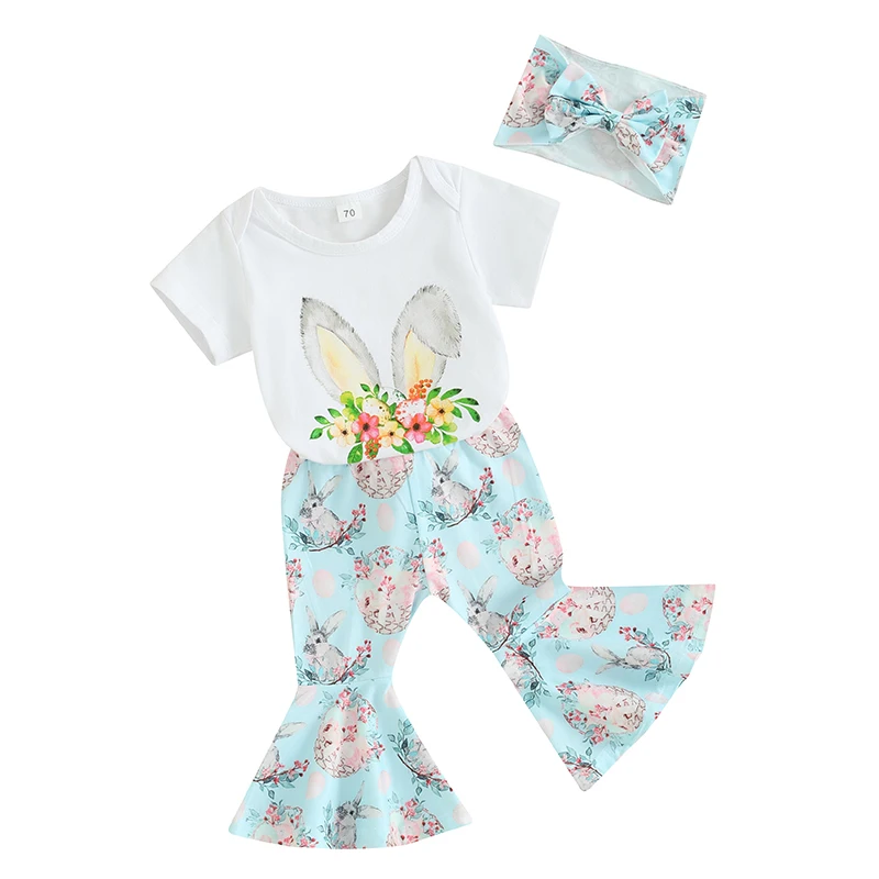 Geagodelia Baby Girls Easter Outfit Letter Print Short Sleeves Romper and Egg Print Flare Pants Headband Summer 3 Piece Clothes