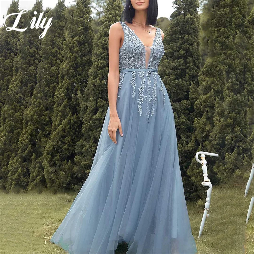 

Lily Simple Blue V-Neck Party Dresses Tank Net A Line Night Dress with Lace Pleats Applique Celebrity Dresses vestidos de fiesta