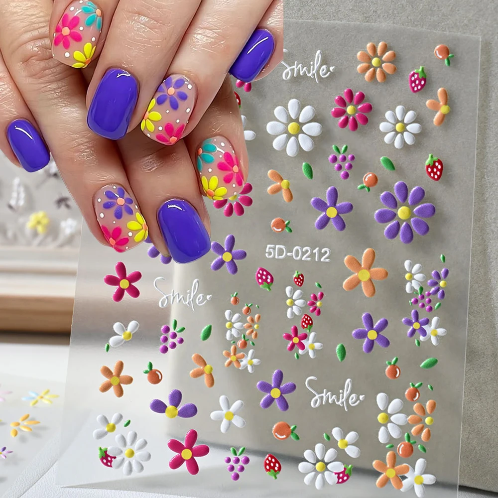 5D Gorgeous Colourful Flower Design Nail Sticker Cute Daisy Floral Self-adhesive Nail Decal Vibrant Blooms Sticker Nail Art Deco