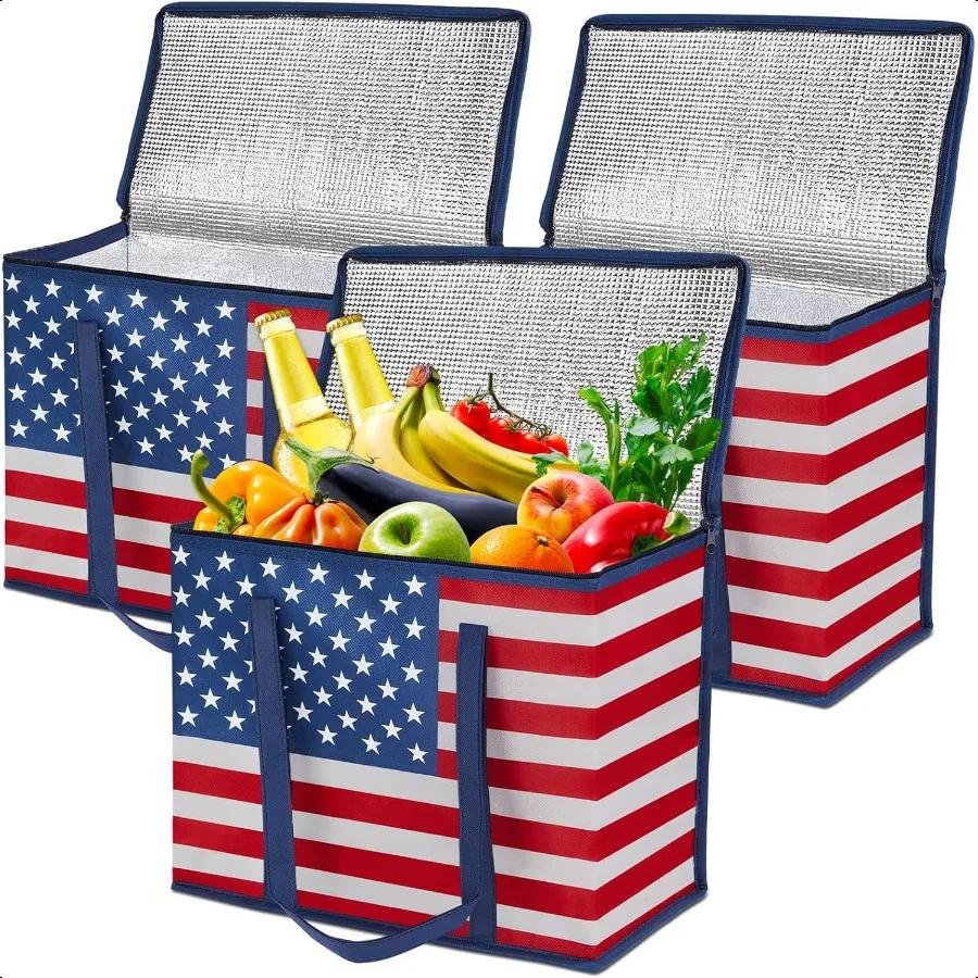 

3Pack Insulated Reusable Grocery Bags American flag Collapsible Food Delivery Bag Patriotic Heavy Duty Large Shopping Bag Tote
