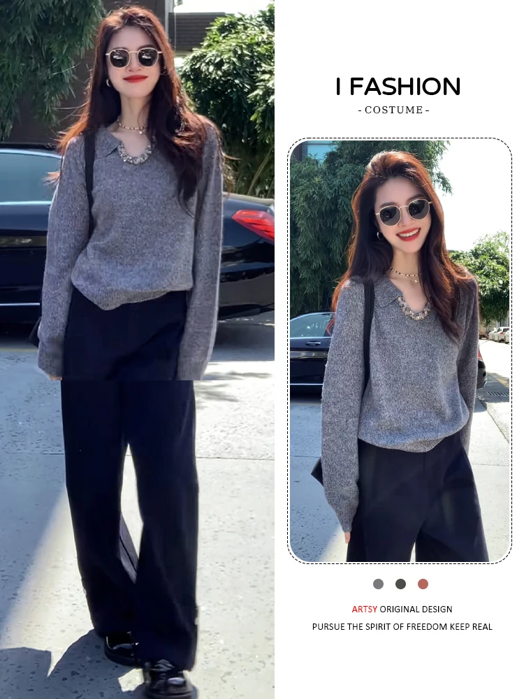 Luźny sweter damski, modny styl chinoiserie, swobodny strój codzienny, średnio gruby, dekolt w serek, długi rękaw, oddychający, wygodny.