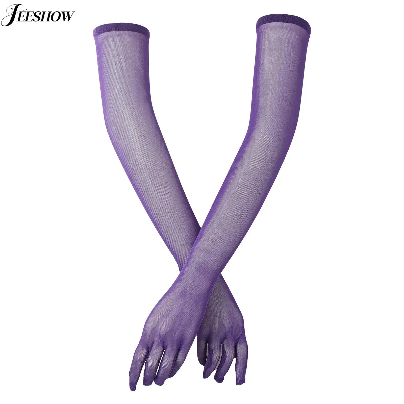 Womens Sheer Mesh Long Gloves Halloween Theme Party Cosplay Accessory See Through Over Elbow Length Full-finger Opera Gloves