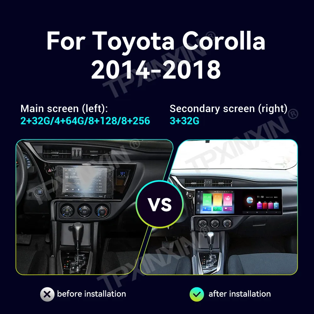 Qualcomm For Toyota Corolla 2014~2018 Android 14.0 Carplay Car Radio Stereo Automotive Multimedia GPS Navi Dual Screen Head Unit