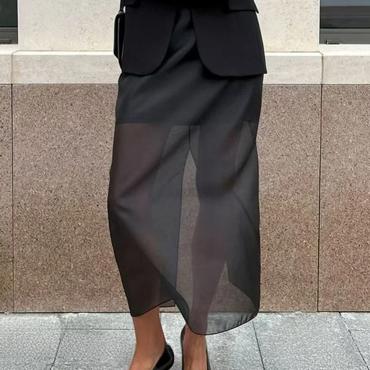 Dwukomorowa spódnica Faionable, wysoki stan, rozcięcie, prześwitująca, elegancka, do pracy, długa spódnica, kolor inny, materiał inny.