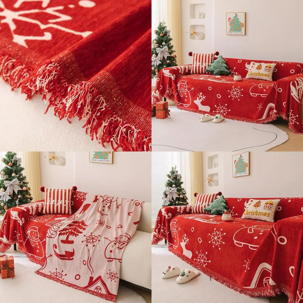 

Red Christmas Sofa Cover for Recliner, Armchair, Futon - Santa Claus & Tree Design with Tassel, 71x91