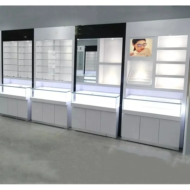 Benutzer definierte, hölzerne Sonnenbrille Shop Vitrine optische Vitrine mit LED-Leuchten optische Shop Möbel Design