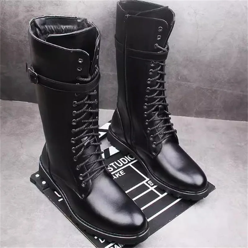 man lace up High Boots Mens Black Natural  Leather Men Long Waterproof Snowboots Equestrian Motocycle Boots size 37 44