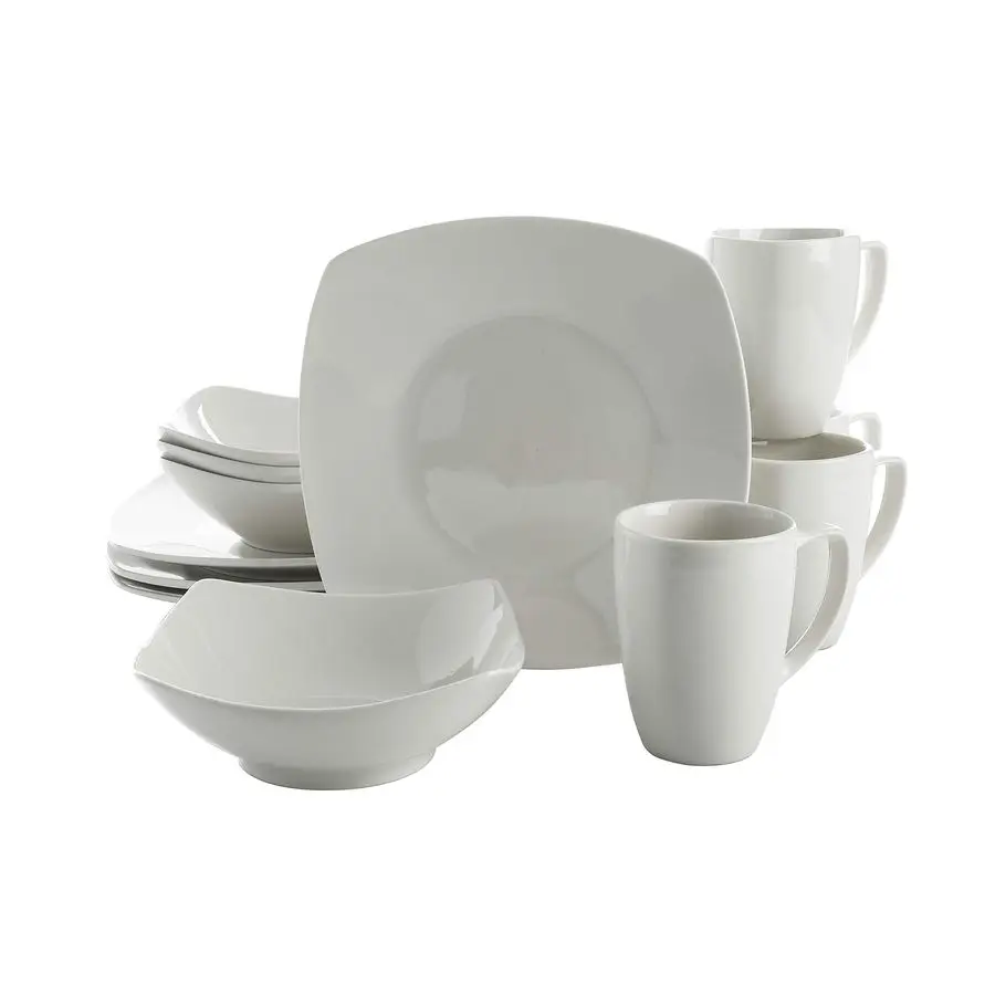 

Amelia Court Porcelain Chip and Scratch Resistant Dinnerware set, Service for 4 12pcs, White Soft Square